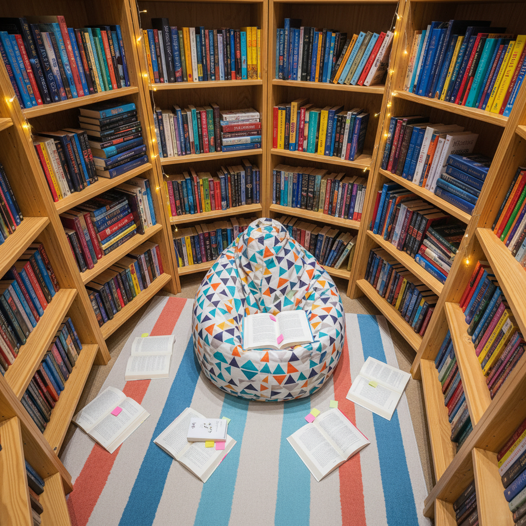 An inviting reading nook built from a semicircle of overflowing bookshelves made of light pine wood, each shelf packed with colorful YA, fantasy, and classic novels, some stacked horizontally, some leaning casually. In the center, a plump beanbag chair patterned with whimsical geometric shapes sits on a soft, striped rug, surrounded by a scattering of open books marked with pastel sticky tabs. Fairy lights snake along the shelves, casting a warm golden glow that reflects off glossy covers and creates playful highlights. Captured from a slightly elevated angle with a wide lens, ensuring sharp focus throughout the cozy scene. Photographic realism, energetic yet relaxing, evoking the playful charm of a student-run book club hangout.