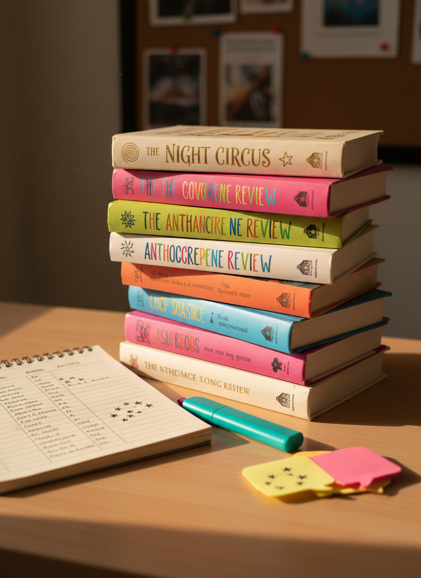 A colorful stack of well-worn paperback novels arranged in a slightly crooked tower on a light birch desk, each spine showing playful, mismatched typography and doodle-like symbols. Beside the stack lies an open notebook filled with neatly written book ratings and tiny star sketches, next to a bright teal highlighter and sticky notes shaped like speech bubbles. Soft afternoon sunlight filters through an unseen dorm window, creating gentle shadows and a cozy glow across the pages. Shot at eye level with a shallow depth of field so the front book titles are crisp while the background blurs into a suggestion of a bulletin board pinned with printed book covers. Photographic realism, vibrant and colorful, creating a fun, student-led book club atmosphere.