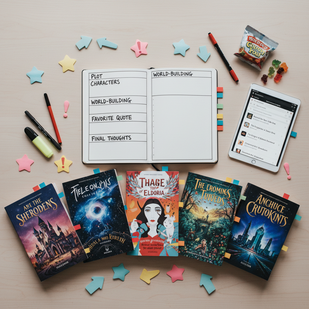 A playful flat-lay composition of a review-writing toolkit spread across a pale wooden table: an open notebook with bold, hand-drawn section headings like “Plot,” “Characters,” and “Favorite Quote,” surrounded by sticky notes shaped like stars, arrows, and exclamation marks. Several books with vibrant covers fan out from the notebook, each tagged with color-coded page markers. A tablet rests nearby showing a search bar and a list of review titles. Diffused overcast light from above casts soft, shadowless illumination, making the colors pop without harsh contrast. Shot directly from a bird’s-eye view, every detail in crisp focus. Photographic realism with a bright, playful aesthetic, capturing the organized chaos of a student carefully crafting and searching for book reviews.